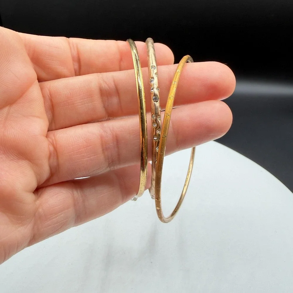 Gold Tone Triple Bangle Bracelet Clear Faceted Bead Dangle Rhinestone Stack Set